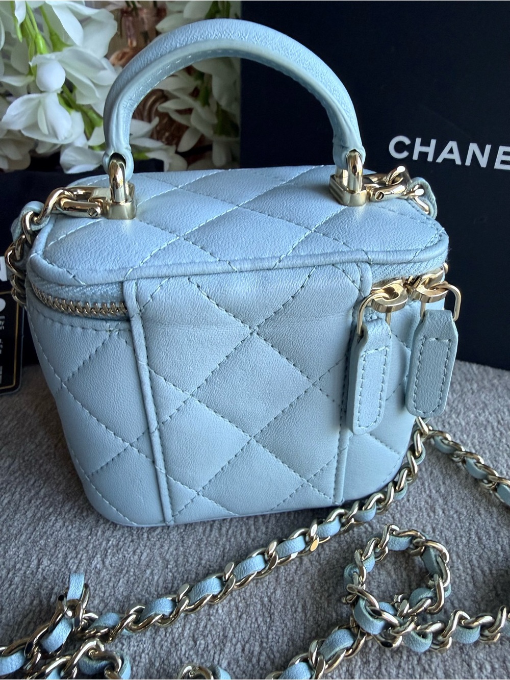CHANEL Baby Blue Quilted Mini Vanity Top Handle Crossbody Bag with COA - Picture 3 of 14
